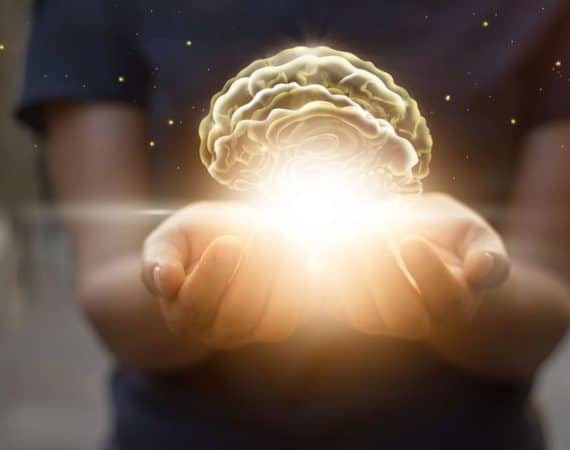 Palm care and protect virtual brain, innovative technology in science and medical concept